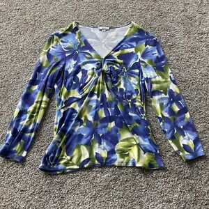 Y2K Cache Blouse Womens L Blue Green Floral V Neck Ruched Long Sleeve Top Jersey